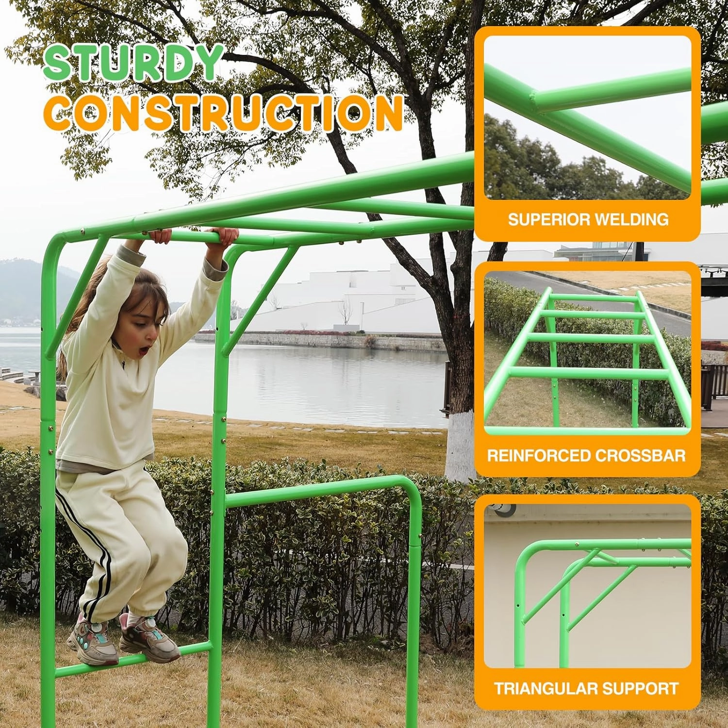 Outdoor Monkey Bar Set with Climbing Frame, Gymnastics bars, Playground Sets for Backyards, Metal Monkey Bars for Kids Age 3 and Up, Backyard Playground Set with Powder Coated Steel, Green