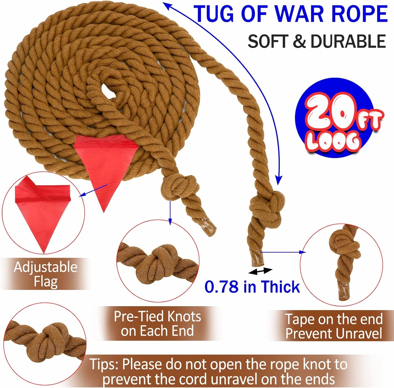 Outdoor Tug of War Rope for Kids & Adults - 20FT Brown, Fun for Family Reunion, Birthday Parties, Camping & Picnic Games