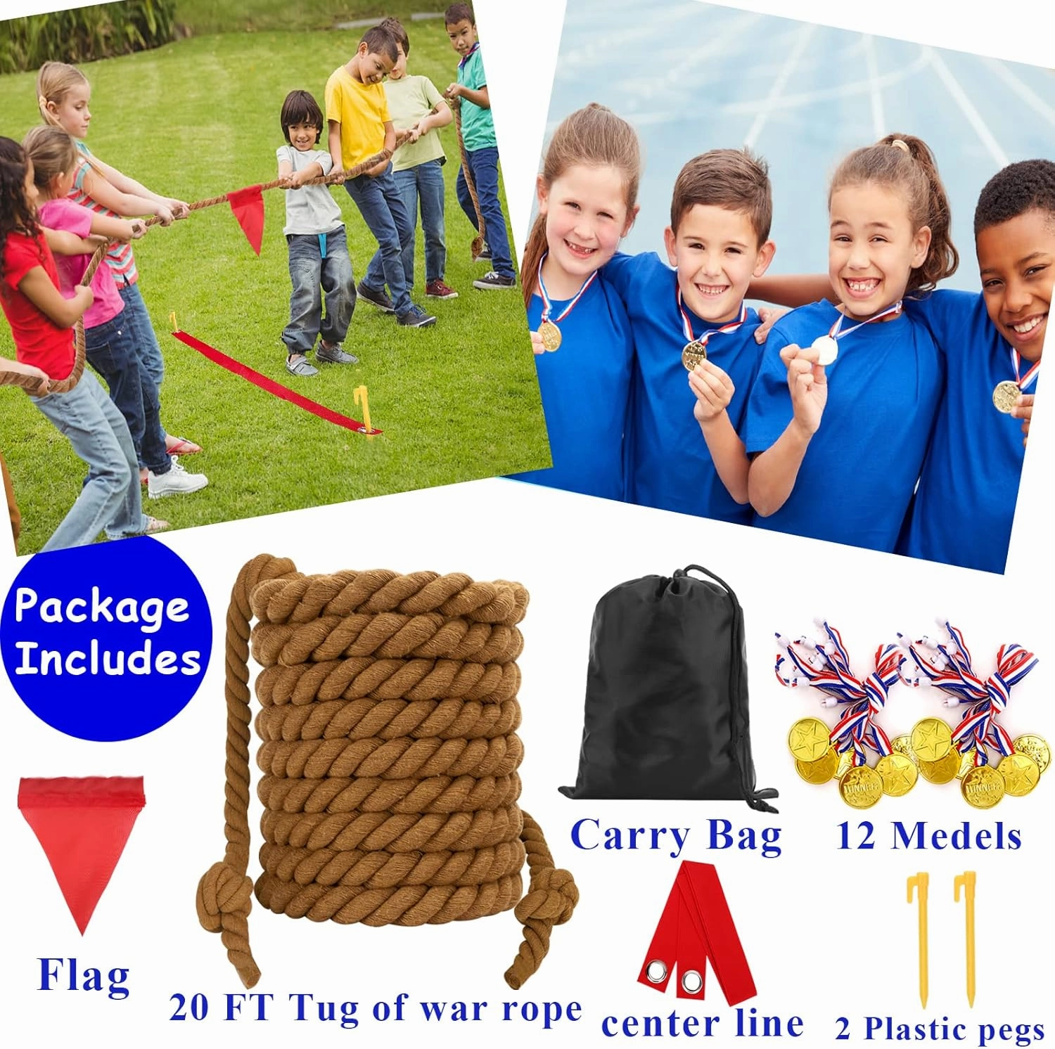 Outdoor Tug of War Rope for Kids & Adults - 20FT Brown, Fun for Family Reunion, Birthday Parties, Camping & Picnic Games