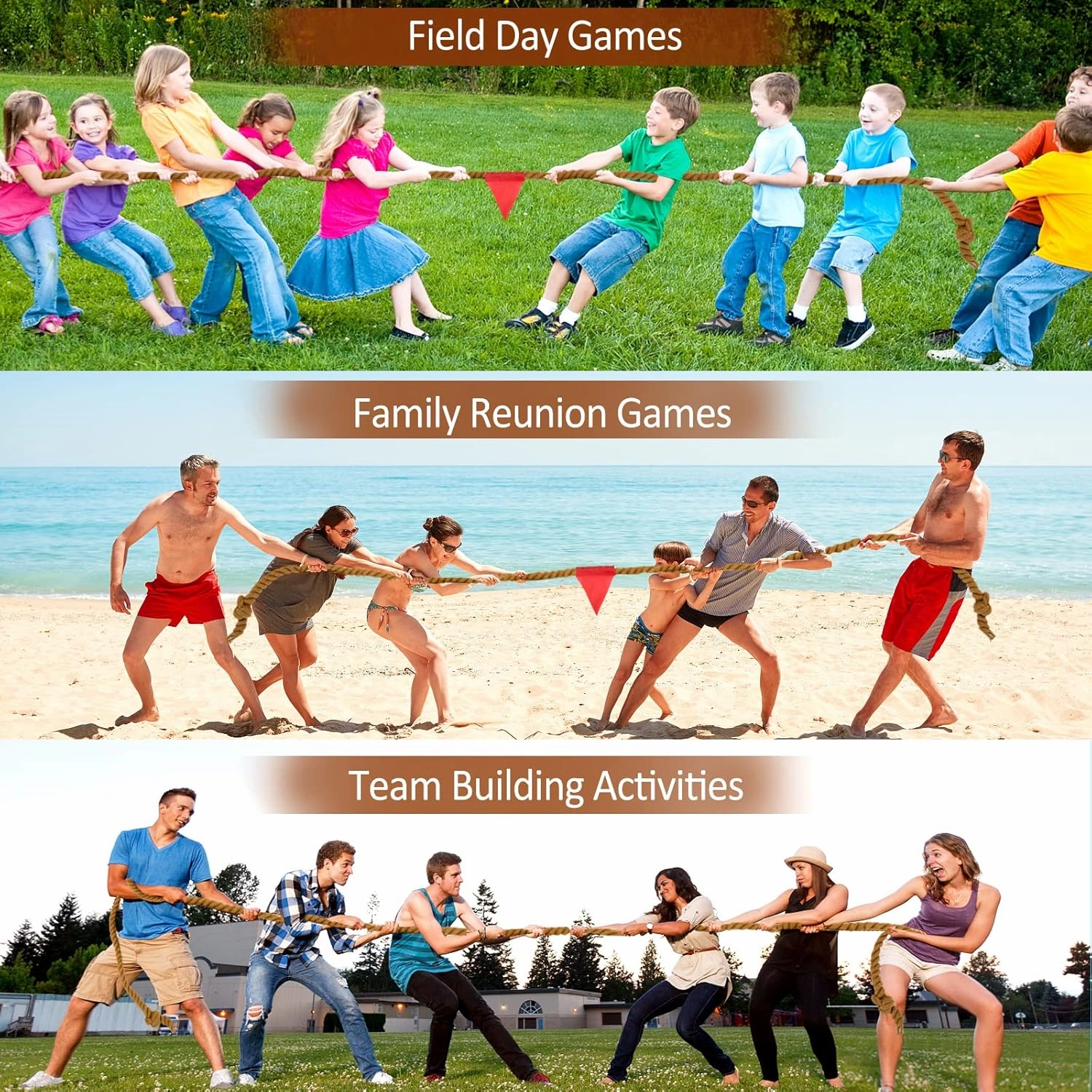 Outdoor Tug of War Rope for Kids & Adults - 20FT Brown, Fun for Family Reunion, Birthday Parties, Camping & Picnic Games