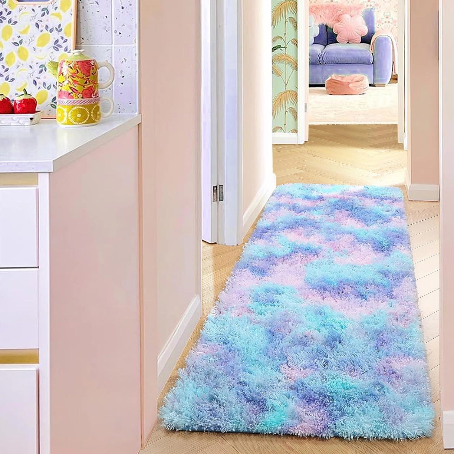 PAGISOFE Machine Washable Rainbow Runner Rugs for Girls Bedroom Hallway Plush Fluffy Purple Rug 2x6 Ft, Soft Carpet for Kids Room, Non-Slip Indoor Floor Rugs for Nursery Kids Girls Room Home Decor