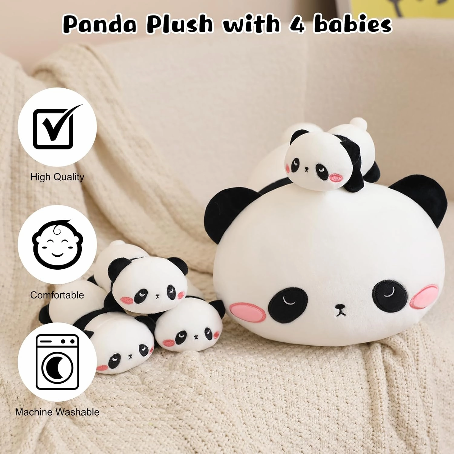 Panda Stuffed Animal Cute Panda Plush Pillow with 4 Baby Plushies in Her Tummy, Soft Cotton Stuffed Animals Toy Gifts for Kids
