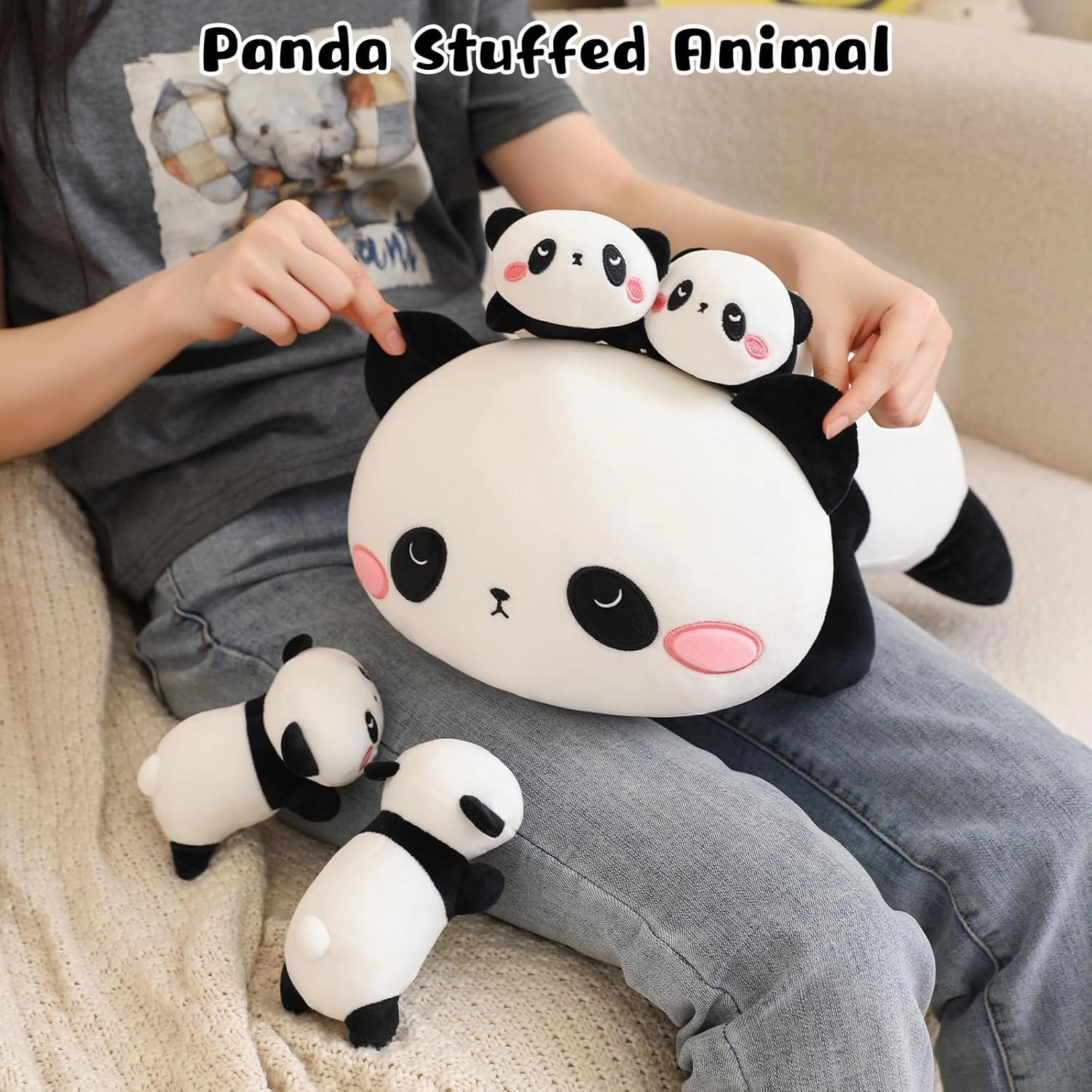 Panda Stuffed Animal Cute Panda Plush Pillow with 4 Baby Plushies in Her Tummy, Soft Cotton Stuffed Animals Toy Gifts for Kids