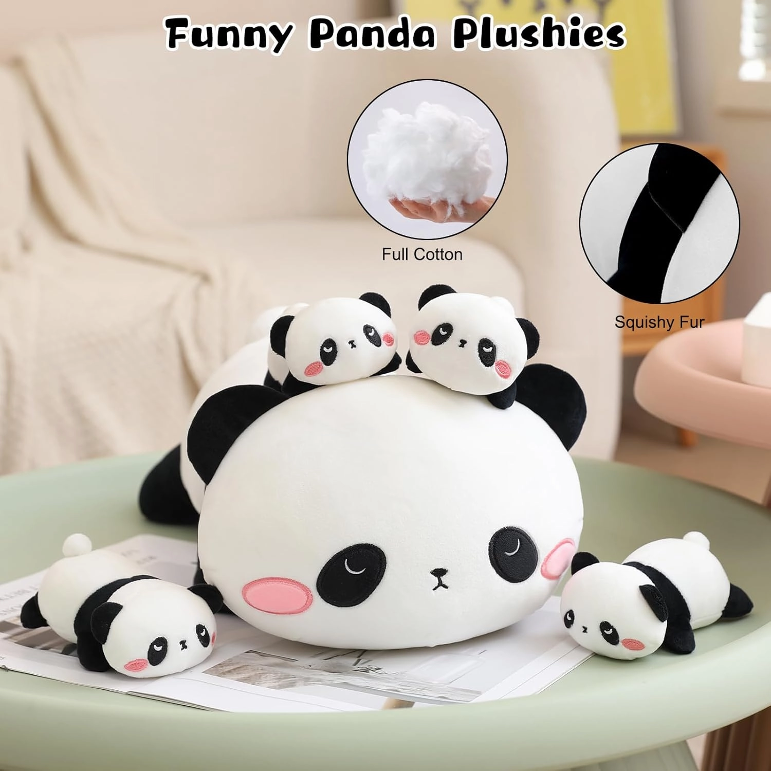 Panda Stuffed Animal Cute Panda Plush Pillow with 4 Baby Plushies in Her Tummy, Soft Cotton Stuffed Animals Toy Gifts for Kids