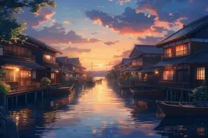 Parent-Child Jigsaw Puzzle 1000 Piece Fishing Village at Dusk Anime Wooden Jigsaw Puzzles Challenging Educational Fun Interactive Toys for Family Creative Gift
