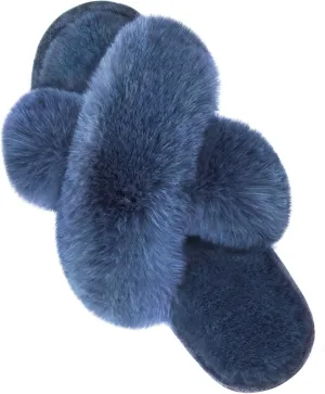 Parlovable Women's Fuzzy Slippers Comfy Cross Band House Shoes Memory Foam Open Toe Indoor Gifts for Ladies