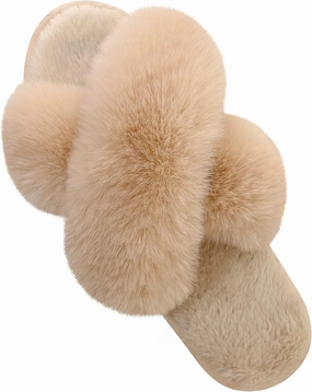 Parlovable Women's Fuzzy Slippers Comfy Cross Band House Shoes Memory Foam Open Toe Indoor Gifts for Ladies