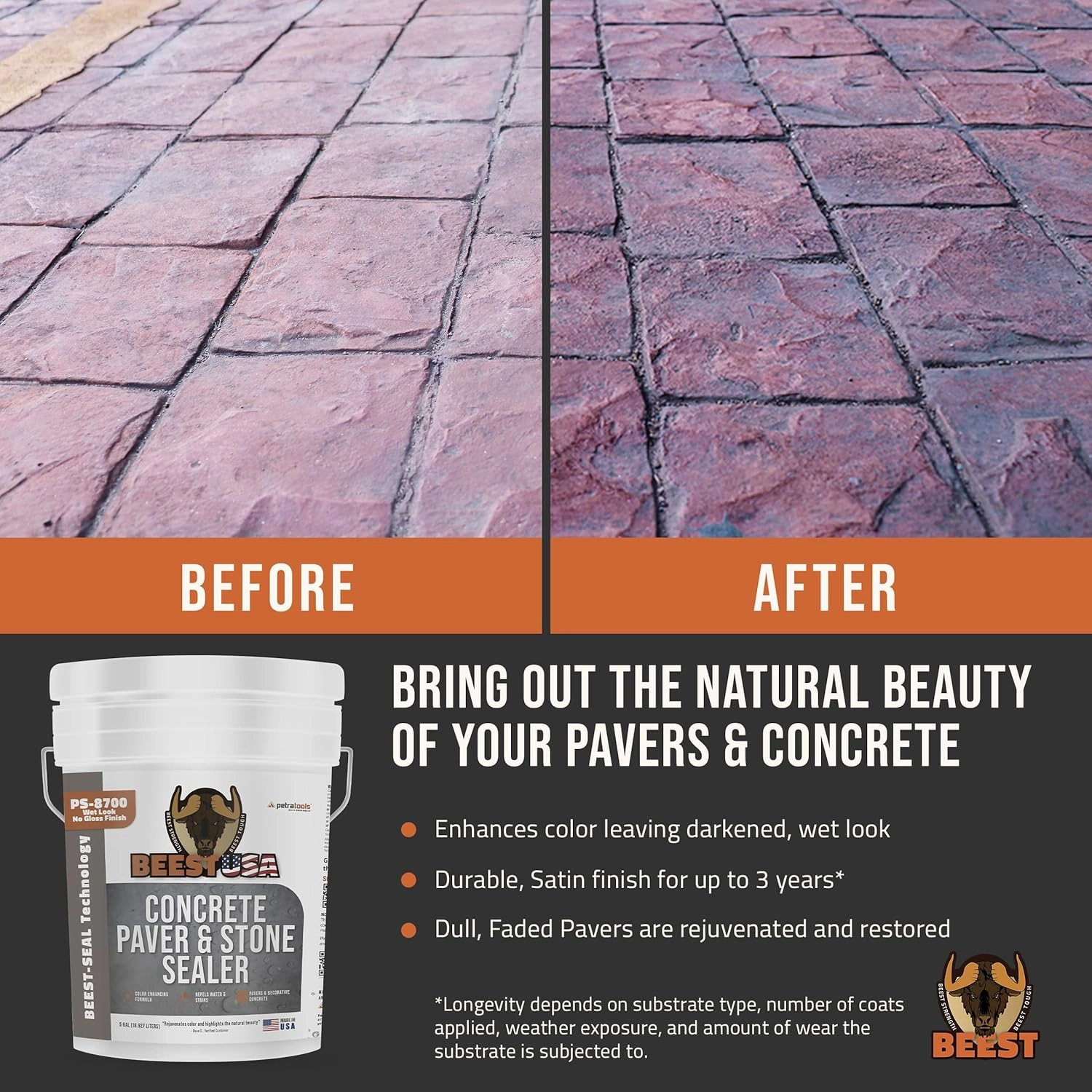 Paver Sealer - 8700 Wet Look (Satin Finish) - 5 Gallon Covers up to 875-1250 sq ft (2 Coats)| Concrete Sealer Outdoor - Color Enhancing Acrylic Sealant for Stones, Patios, Pavers, Bricks & Driveways