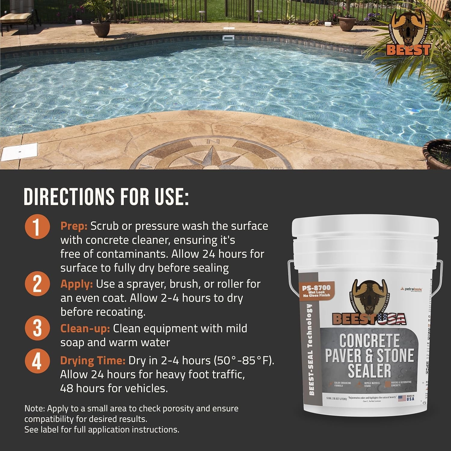 Paver Sealer - 8700 Wet Look (Satin Finish) - 5 Gallon Covers up to 875-1250 sq ft (2 Coats)| Concrete Sealer Outdoor - Color Enhancing Acrylic Sealant for Stones, Patios, Pavers, Bricks & Driveways