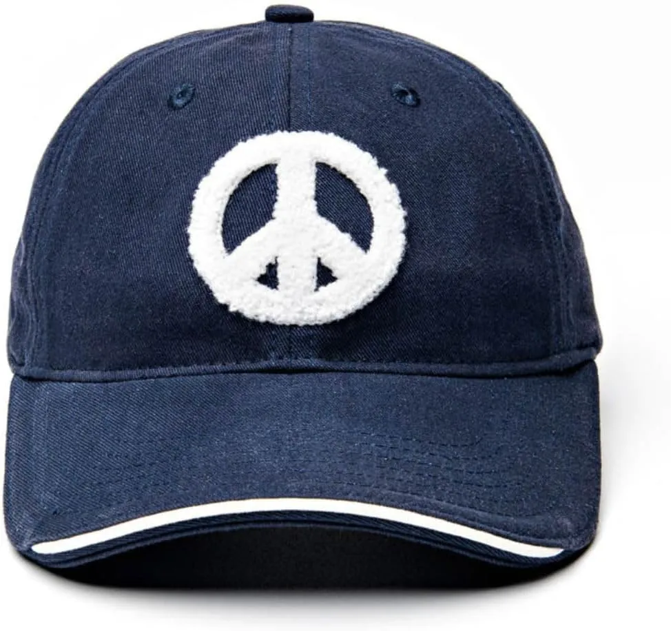 Peace Baseball Hat – Adjustable Cap with White Chenille “Peace” Patch and White Piping on The Brim, Made from 100% Organic Cotton, Eco-Friendly, Unisex Baseball Cap for Everyday Wear, Navy Blue