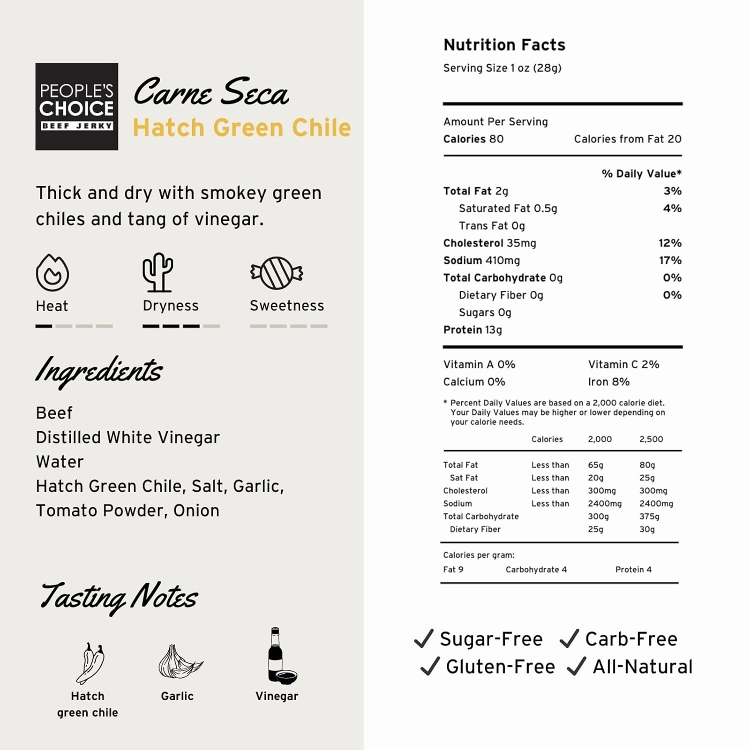 People's Choice Beef Jerky - Carne Seca - New Mexico Hatch Green Chile - Healthy, Sugar Free, Zero Carb, Gluten Free, Keto Friendly, High Protein Meat Snack - Dry Texture - 1 Pound, 16 oz - 1 Bag