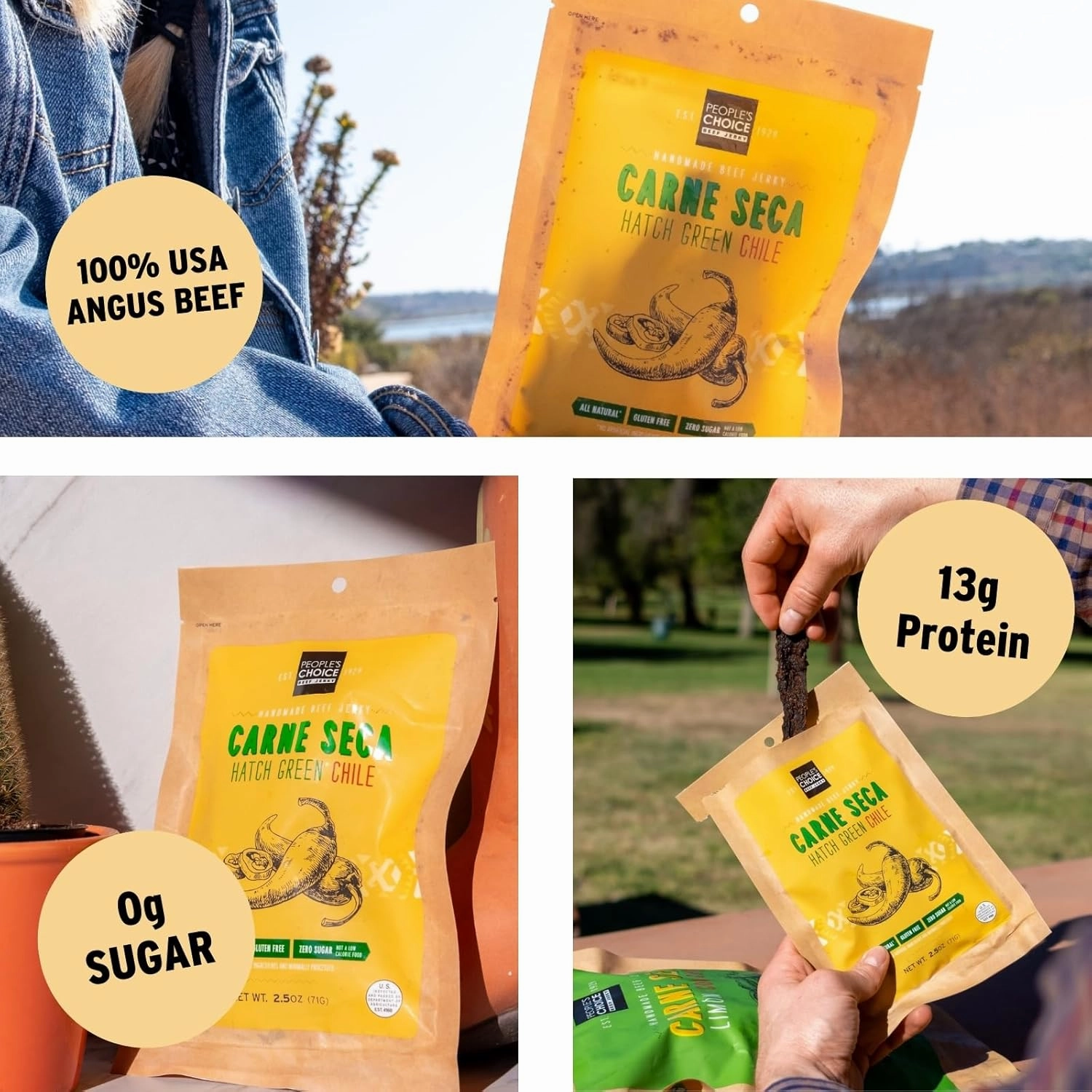 People's Choice Beef Jerky - Carne Seca - New Mexico Hatch Green Chile - Healthy, Sugar Free, Zero Carb, Gluten Free, Keto Friendly, High Protein Meat Snack - Dry Texture - 1 Pound, 16 oz - 1 Bag