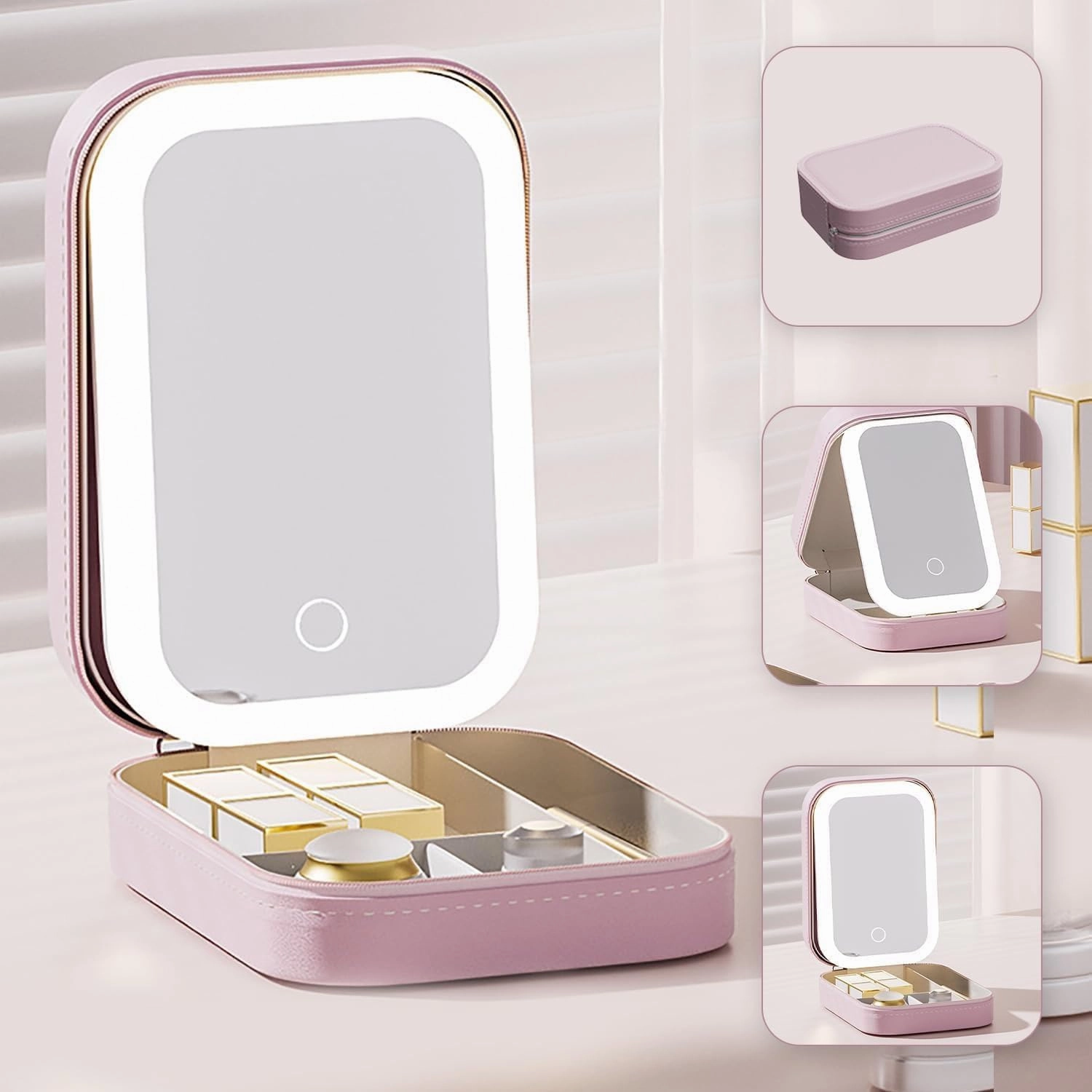 Periodicali Travel Makeup Mirror, LED Three-Color Adjustable Makeup Mirror, Portable echargeable Lighted, makeup Case with LED Lighted (Green)
