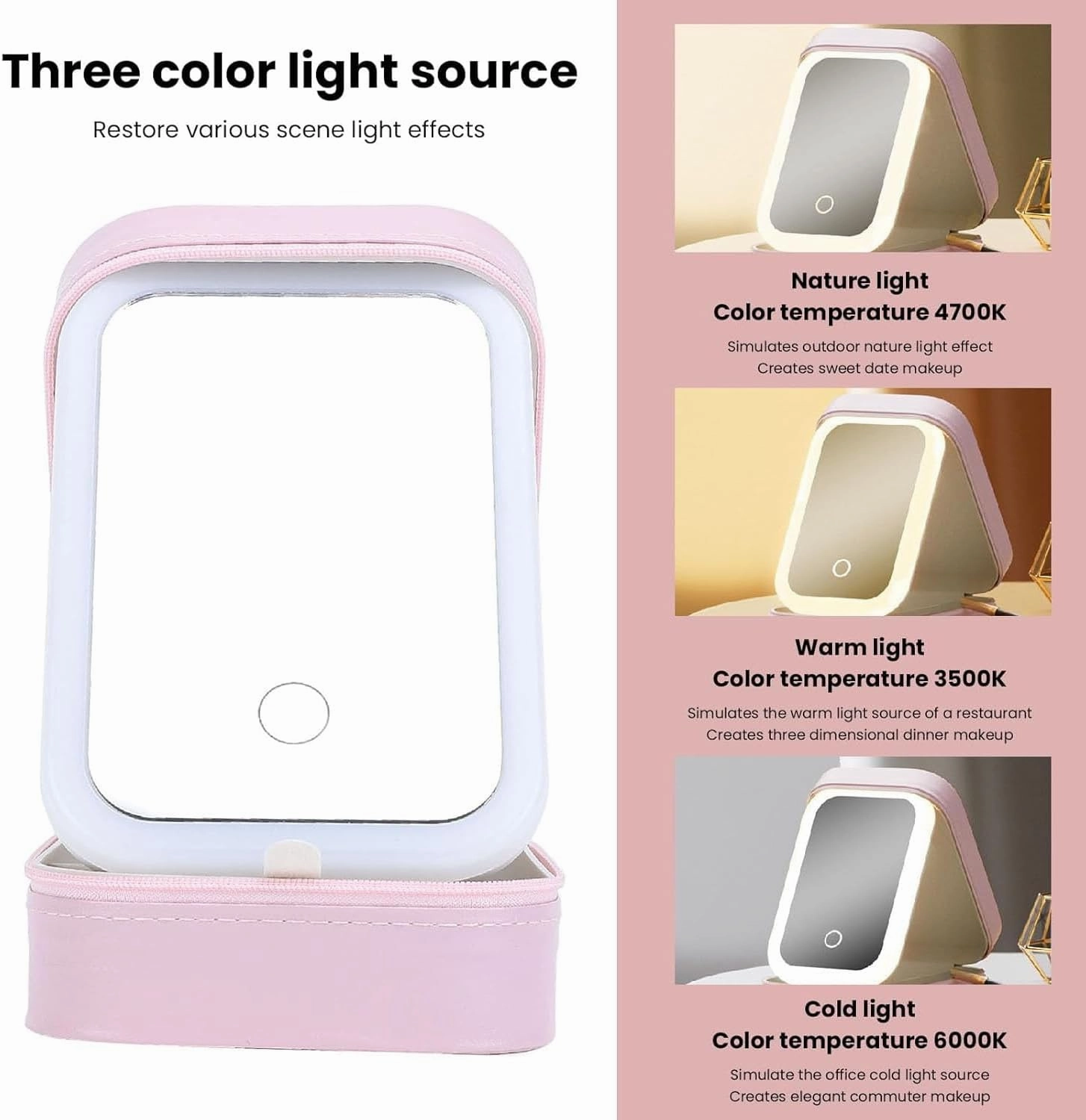 Periodicali Travel Makeup Mirror, LED Three-Color Adjustable Makeup Mirror, Portable echargeable Lighted, makeup Case with LED Lighted (Green)