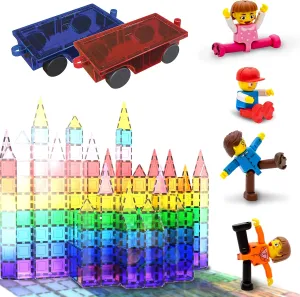 PicassoTiles 60PC Magnet Tiles   2 Cars   4 Family People Action Figures Expansion Bundle: STEAM Educational Playset for Creative, Fun and Learning Construction Play, Pretend Play Toy for Kids