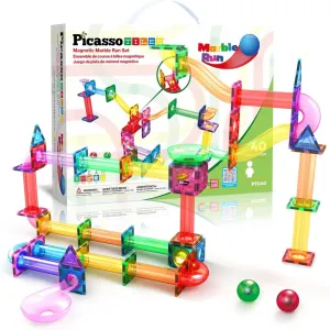 PicassoTiles Marble Run Magnetic Tile Race Track Toy Play Set STEM Building & Learning Early Educational Child Magnet Construction Block Creative Kit Boys & Girls Age 3  Years Old Toys PTG40