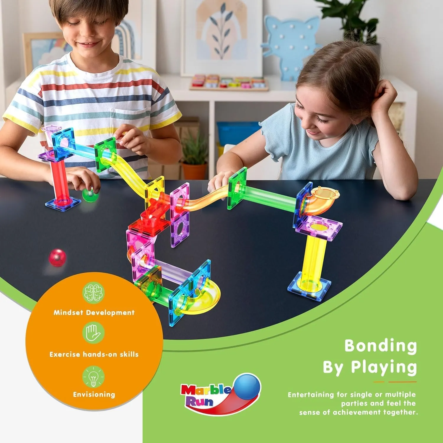 PicassoTiles Marble Run Magnetic Tile Race Track Toy Play Set STEM Building & Learning Early Educational Child Magnet Construction Block Creative Kit Boys & Girls Age 3  Years Old Toys PTG40