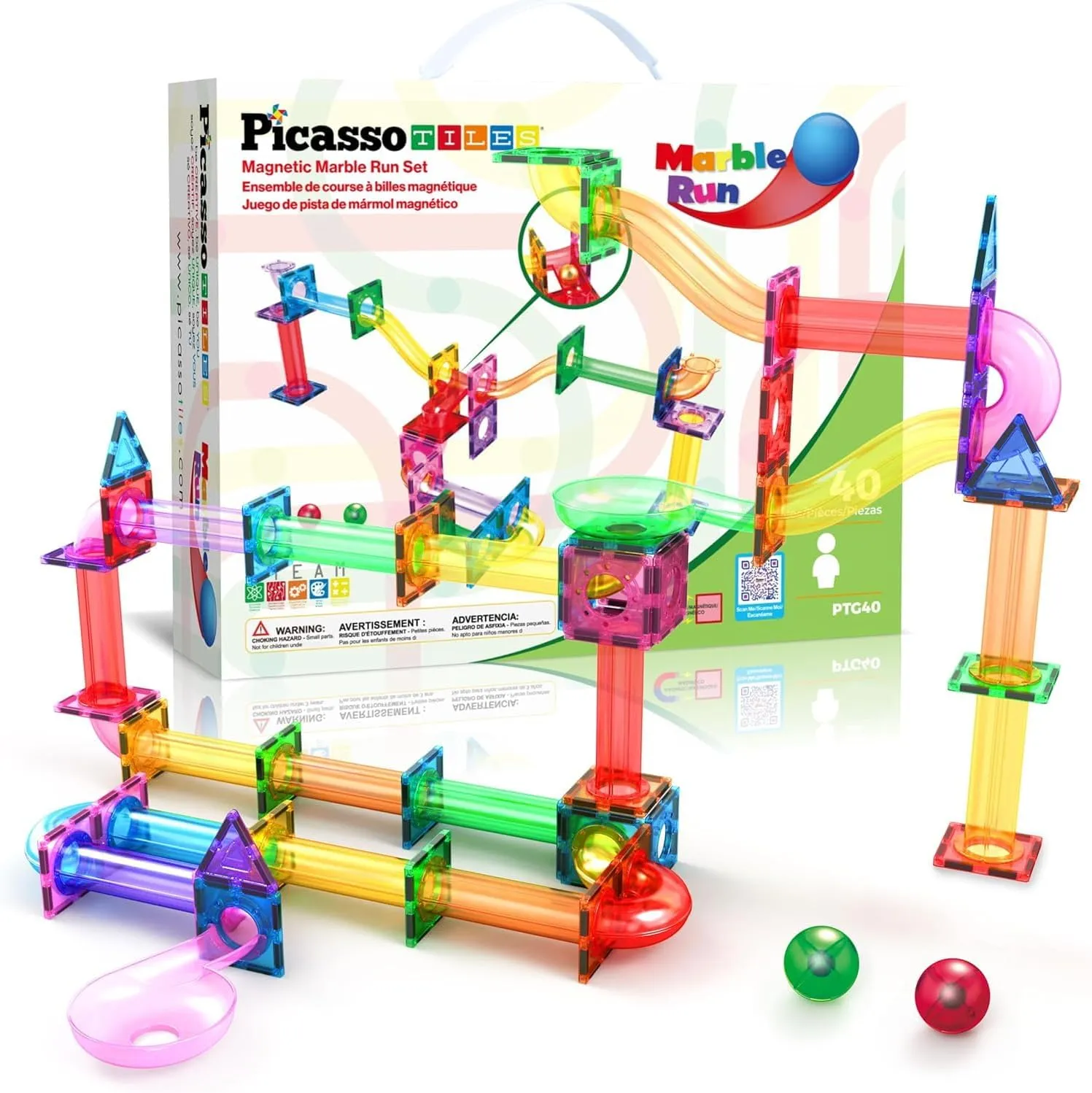 PicassoTiles Marble Run Magnetic Tile Race Track Toy Play Set STEM Building & Learning Early Educational Child Magnet Construction Block Creative Kit Boys & Girls Age 3  Years Old Toys PTG40