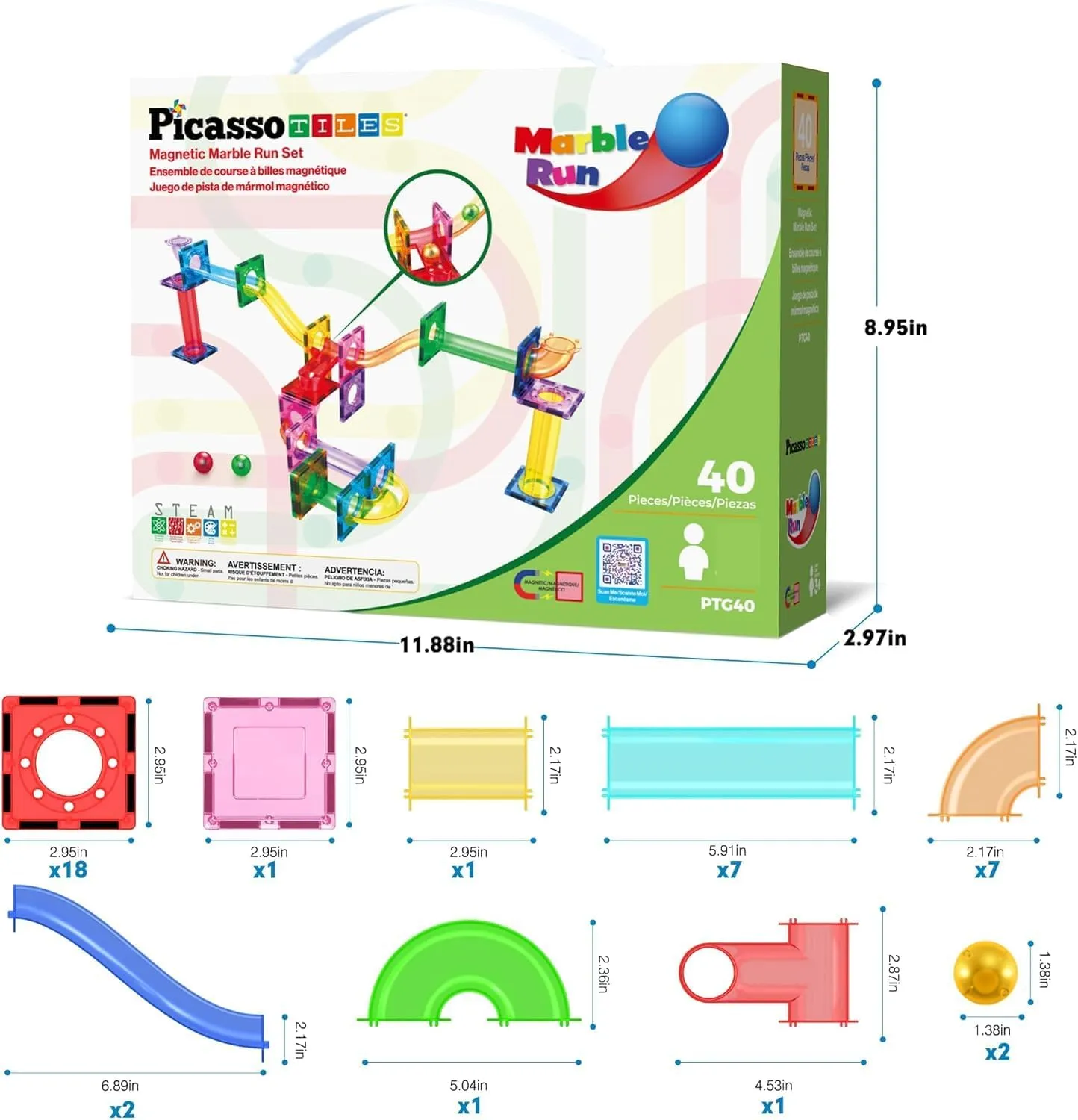 PicassoTiles Marble Run Magnetic Tile Race Track Toy Play Set STEM Building & Learning Early Educational Child Magnet Construction Block Creative Kit Boys & Girls Age 3  Years Old Toys PTG40