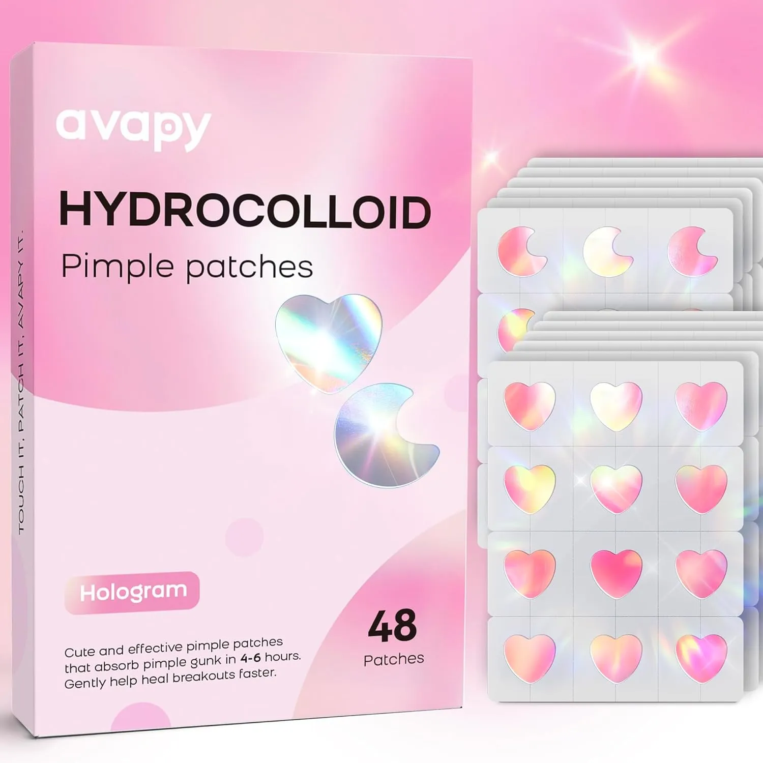 Pimple Patches for Face, Cute Hydrocolloid Acne Patches, Colorful Hologram Heart Sport Stickers, Zits & Blemish, Pimple Patch with Salicylic Acid, Pink Heart Moon 12MM (48 Count)