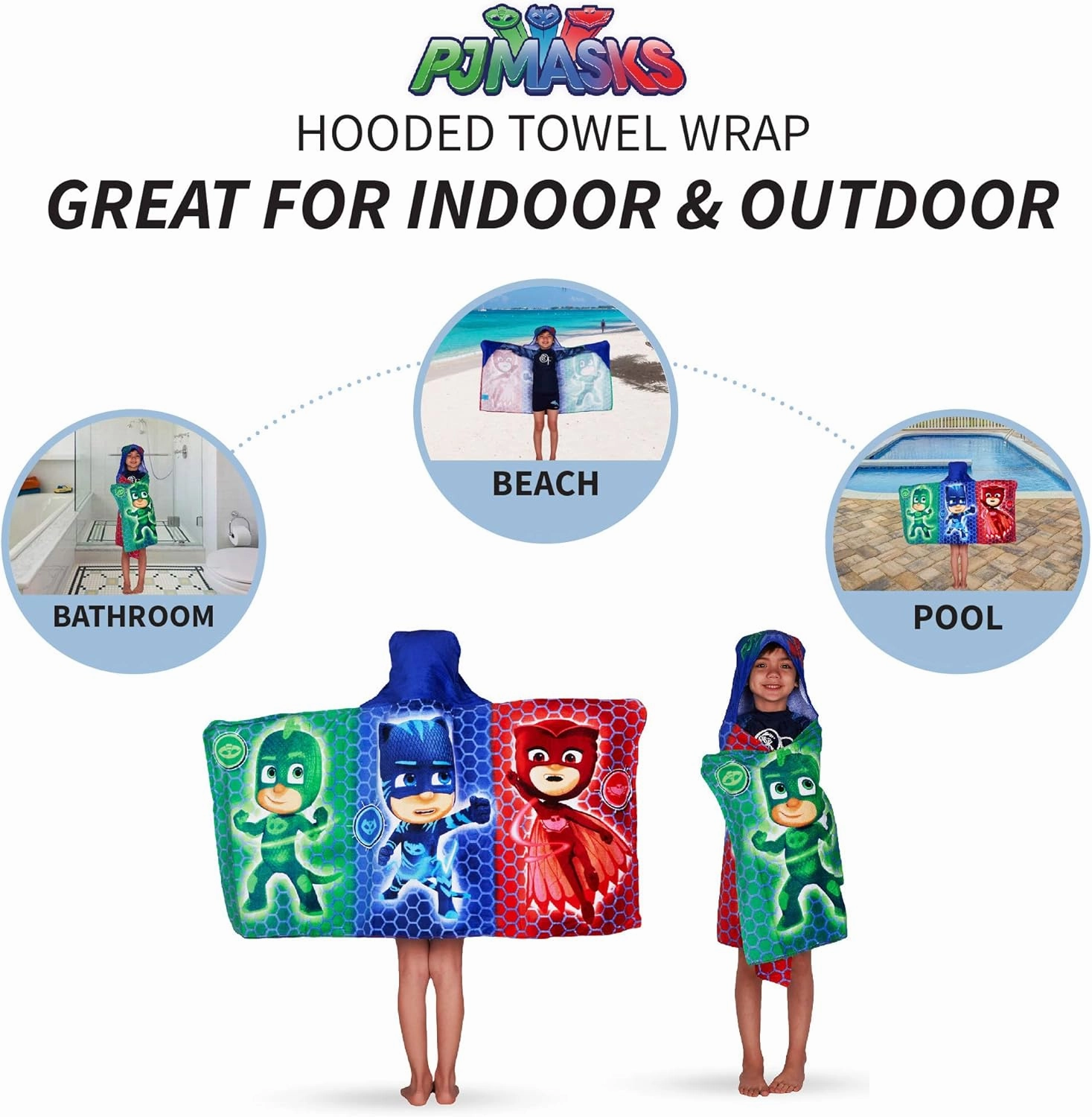 PJ Masks Bath/Pool/Beach Soft Cotton Terry Hooded Towel Wrap, 24" x 50", By Franco Kids