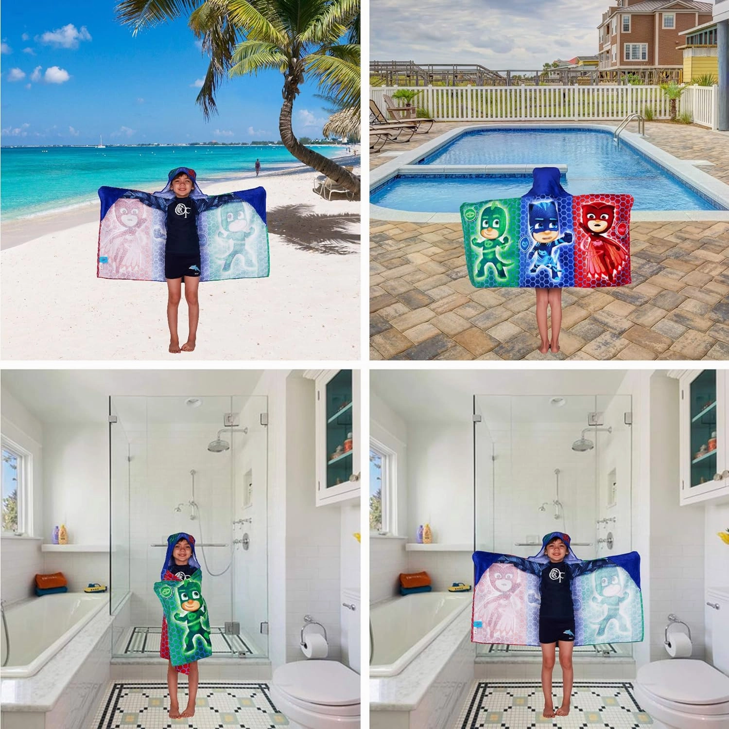 PJ Masks Bath/Pool/Beach Soft Cotton Terry Hooded Towel Wrap, 24" x 50", By Franco Kids