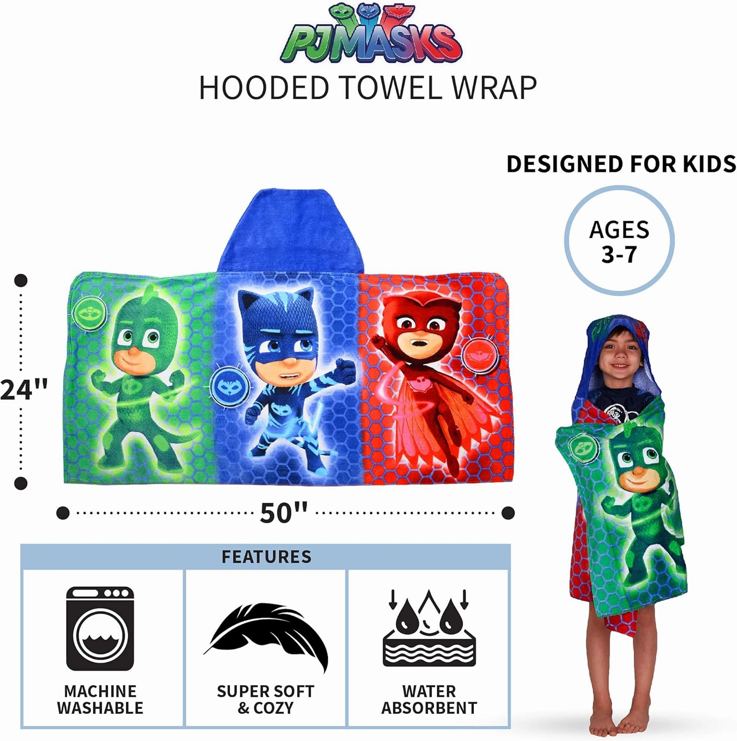 PJ Masks Bath/Pool/Beach Soft Cotton Terry Hooded Towel Wrap, 24" x 50", By Franco Kids