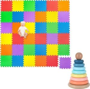 Play Platoon Non-Toxic Kids Play Mats for Floor, Extra-Thick Foam Tiles, Playmat for Toddlers & Childrens Playroom, Wooden Rainbow Stacking Toy Ring Stacker Toy, Educational Interactive Learning Toys