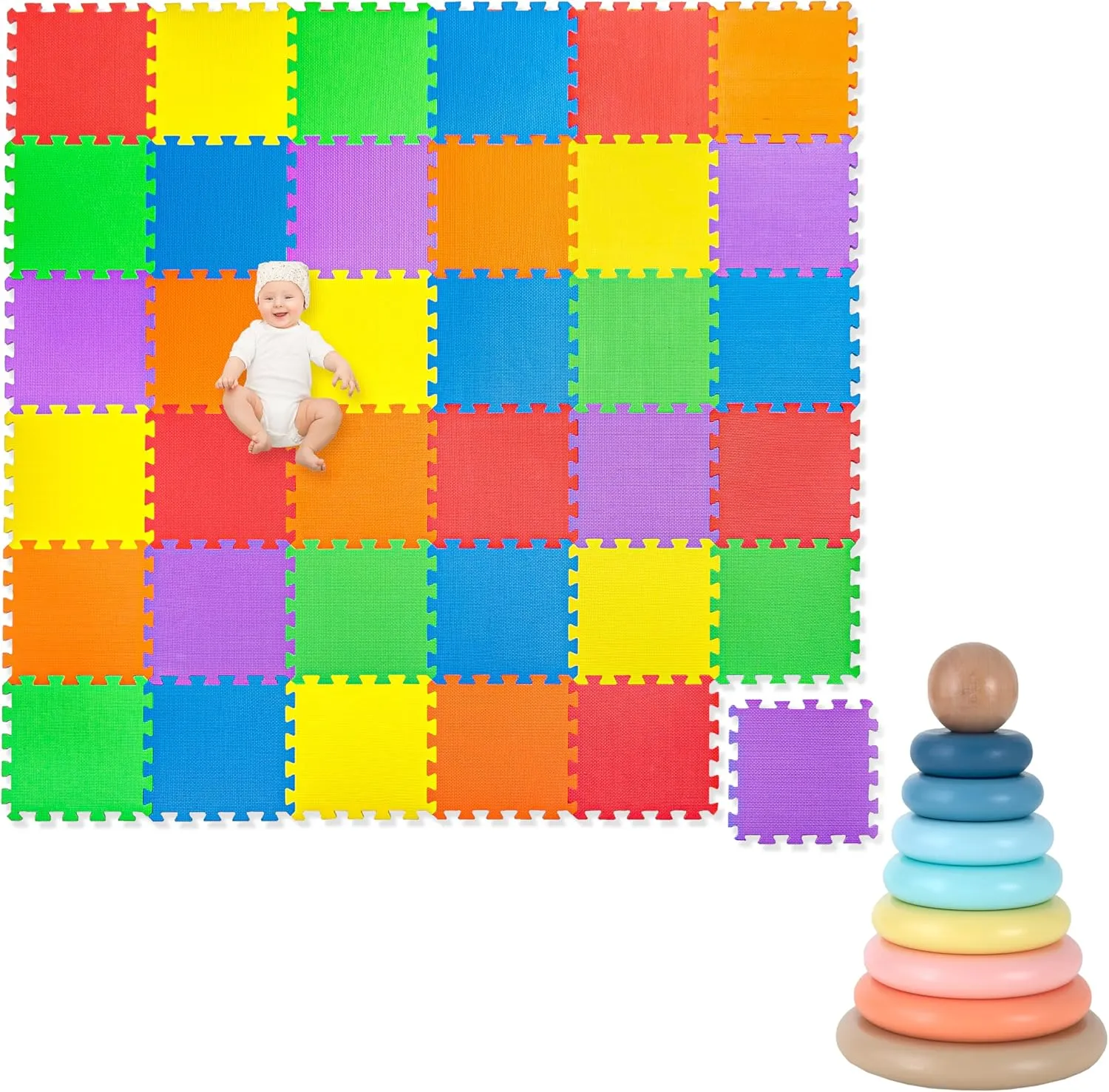 Play Platoon Non-Toxic Kids Play Mats for Floor, Extra-Thick Foam Tiles, Playmat for Toddlers & Childrens Playroom, Wooden Rainbow Stacking Toy Ring Stacker Toy, Educational Interactive Learning Toys