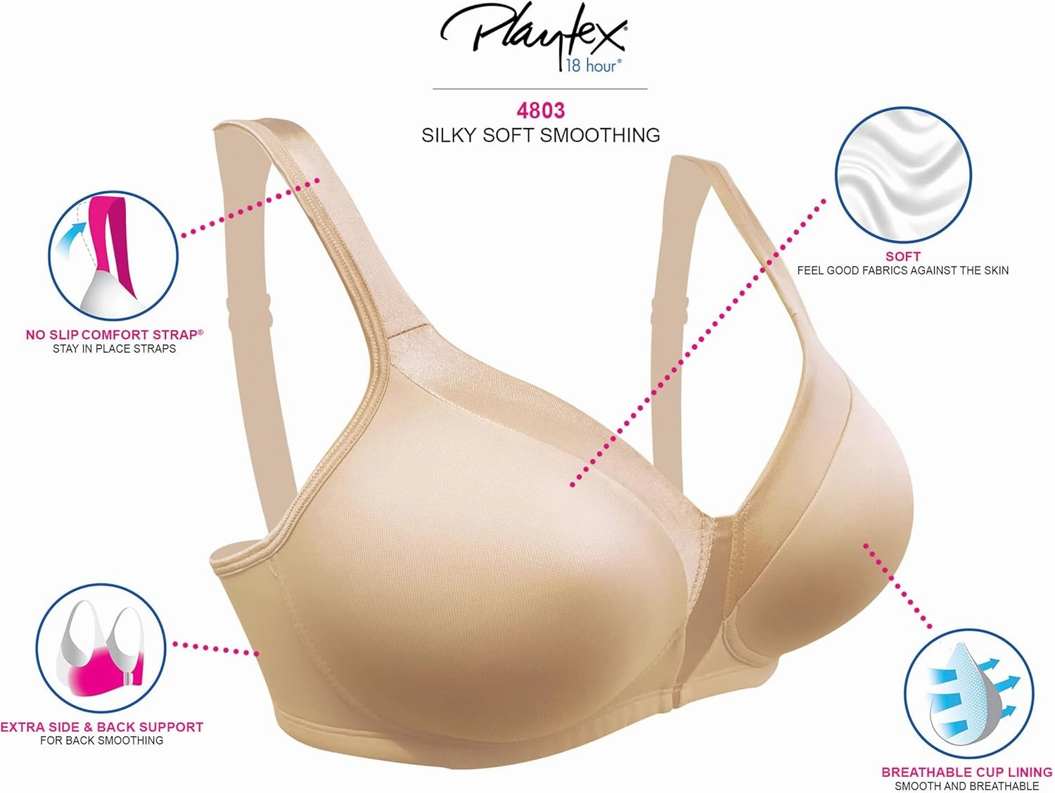 Playtex Women's Wireless Bra, 18 Hour Plus-Size T-Shirt Bras Available, Smoothing, Full Coverage, 4803, Single or 2-Pack