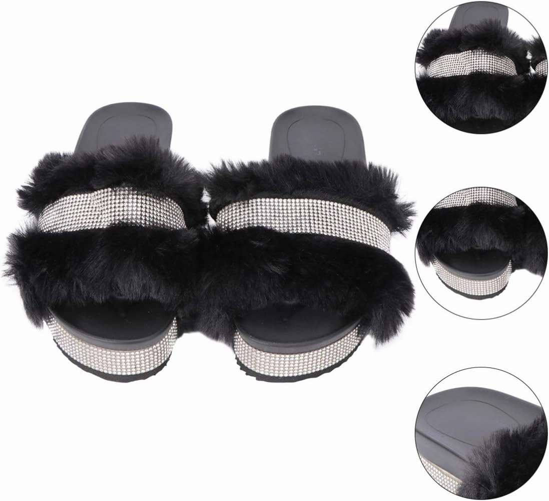 Plush Slippers Open Toe Stage Rhinestone Fuzzy Slippers Shoes Household Outdoor Indoor Slippers Shoes Girls Slippers Gift 1 Pair