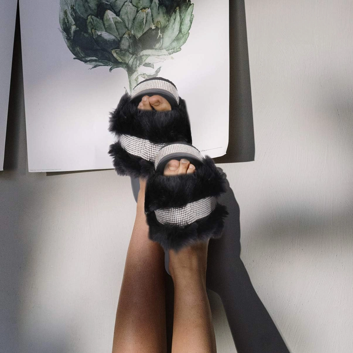 Plush Slippers Open Toe Stage Rhinestone Fuzzy Slippers Shoes Household Outdoor Indoor Slippers Shoes Girls Slippers Gift 1 Pair
