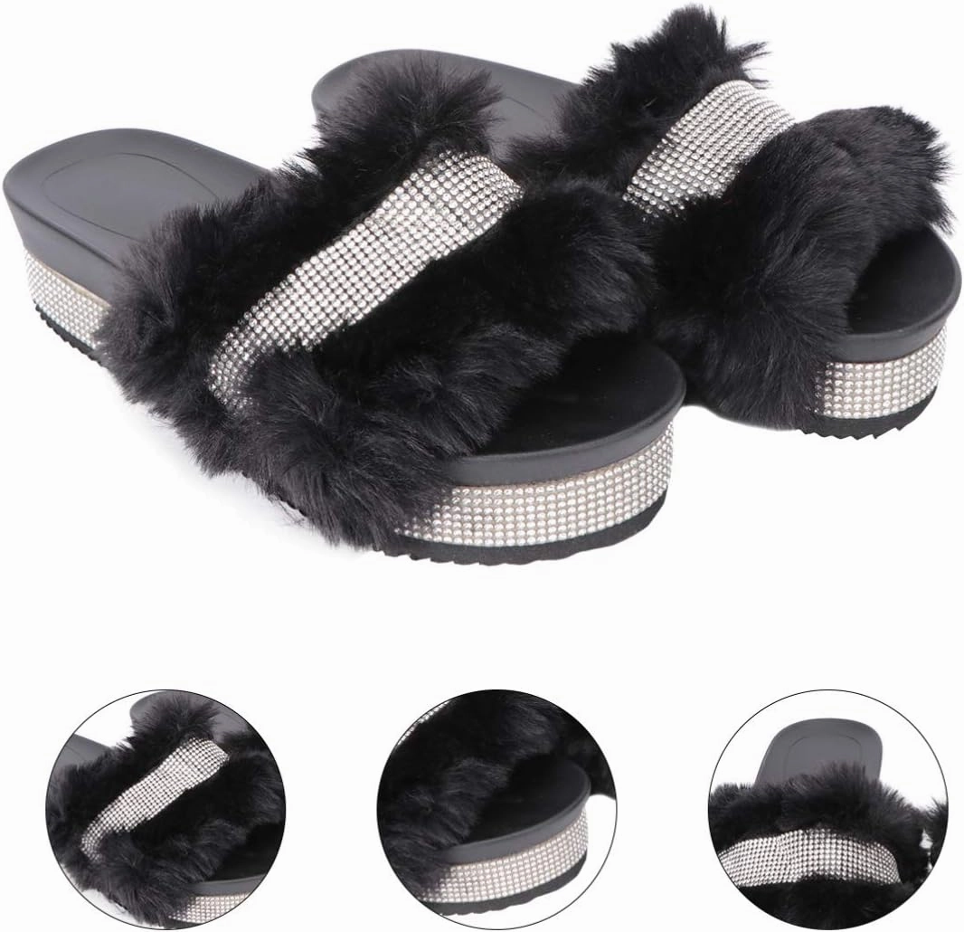Plush Slippers Open Toe Stage Rhinestone Fuzzy Slippers Shoes Household Outdoor Indoor Slippers Shoes Girls Slippers Gift 1 Pair