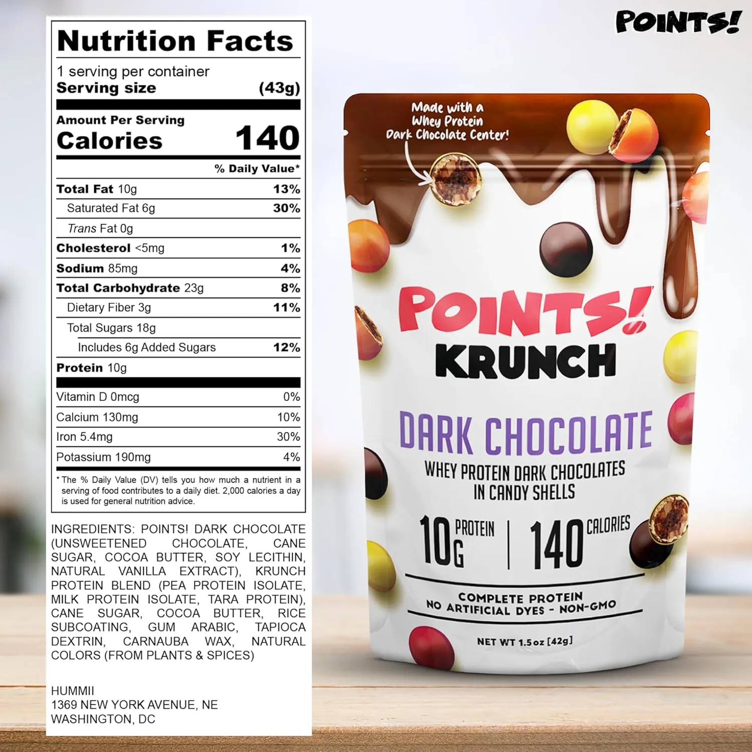 POINTS! KRUNCH Dark Chocolate High Protein Snack With Whey Protein, Candy Shell High Protein Snacks For Adults & Kids, Healthy Protein Candy, No Artificial Additives