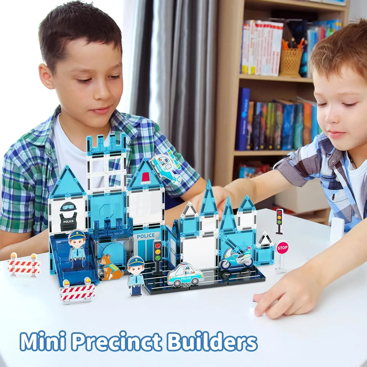 Police Theme Magnetic Tiles (42PCS),STEM Toys with Police Car & Helicopter, Preschool Learning Building Set for Ages 3-8, for Boys Girls(Dog, Traffic Light)