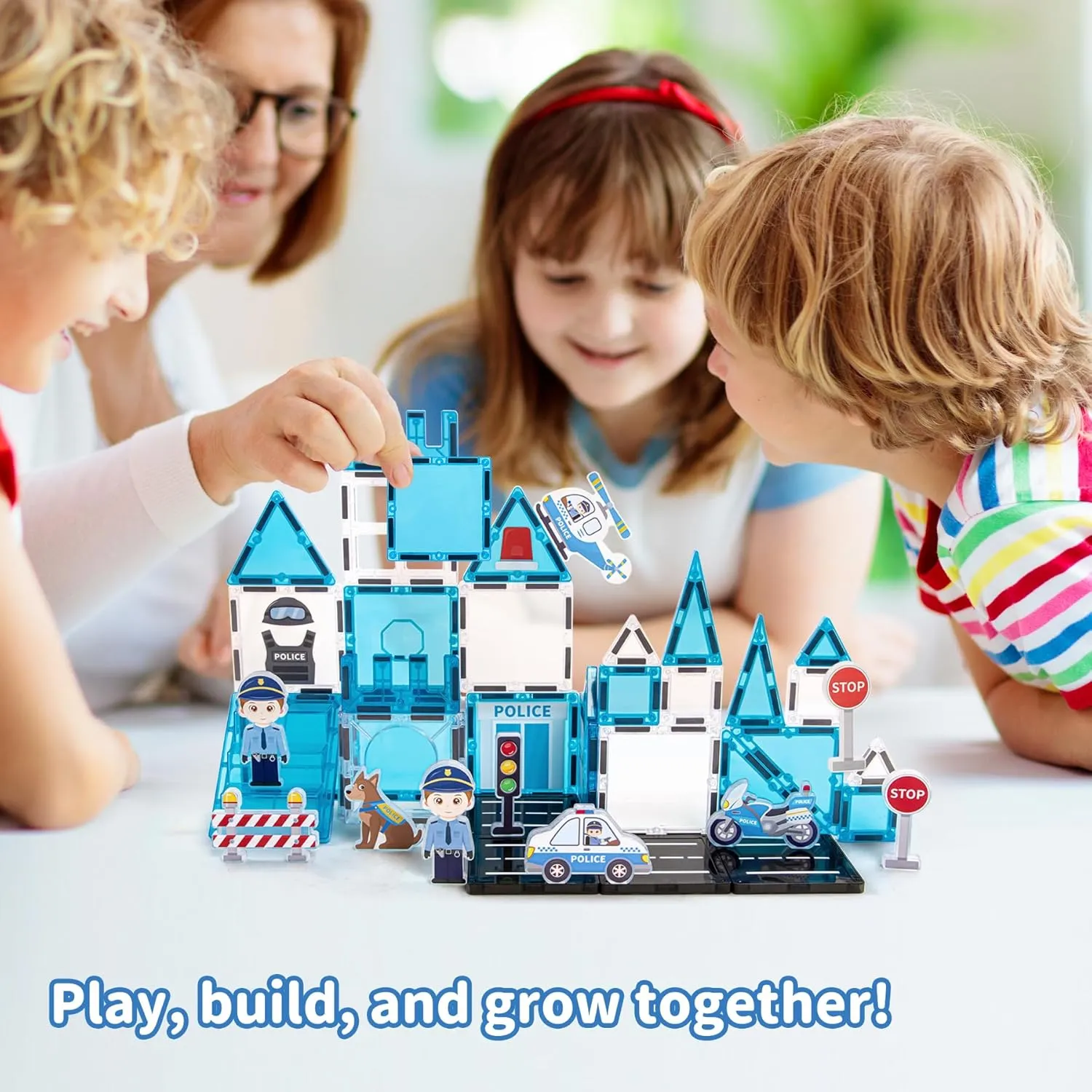 Police Theme Magnetic Tiles (42PCS),STEM Toys with Police Car & Helicopter, Preschool Learning Building Set for Ages 3-8, for Boys Girls(Dog, Traffic Light)