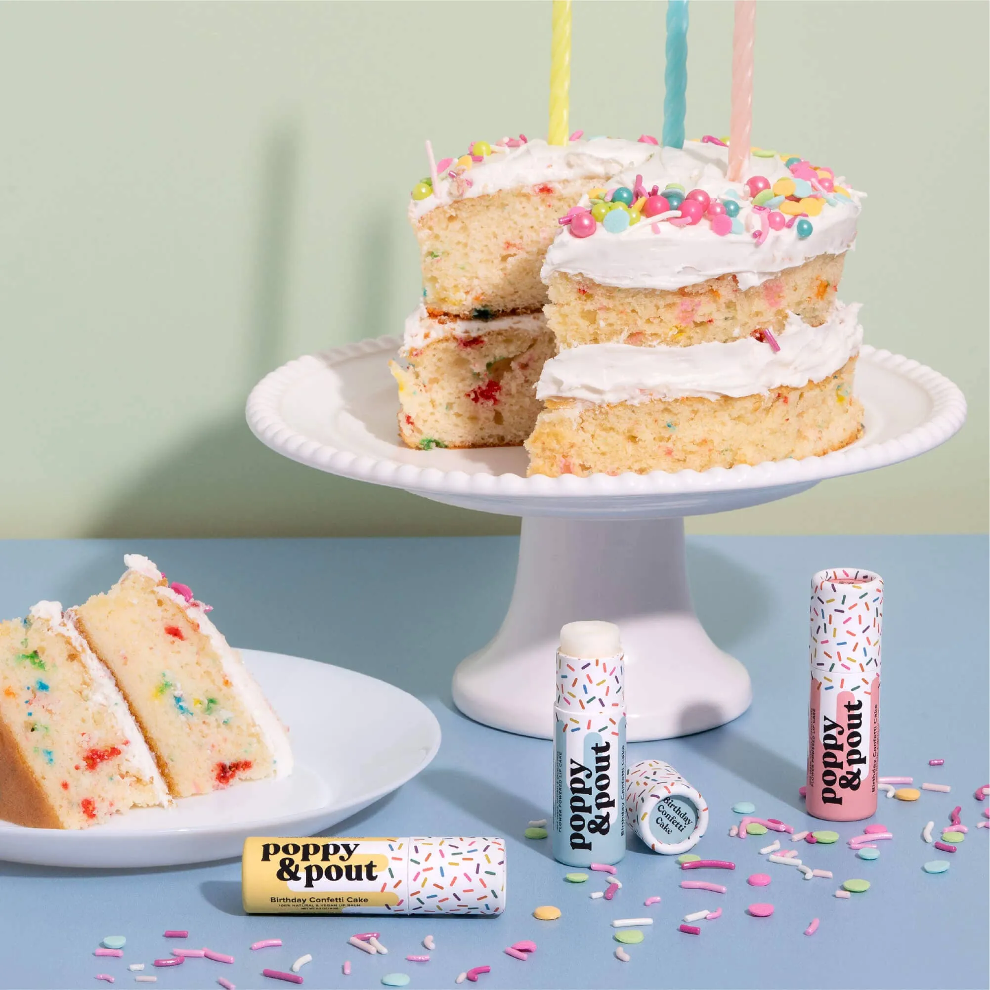 Poppy and Pout Lip Balm, Birthday Confetti Cake, Yellow