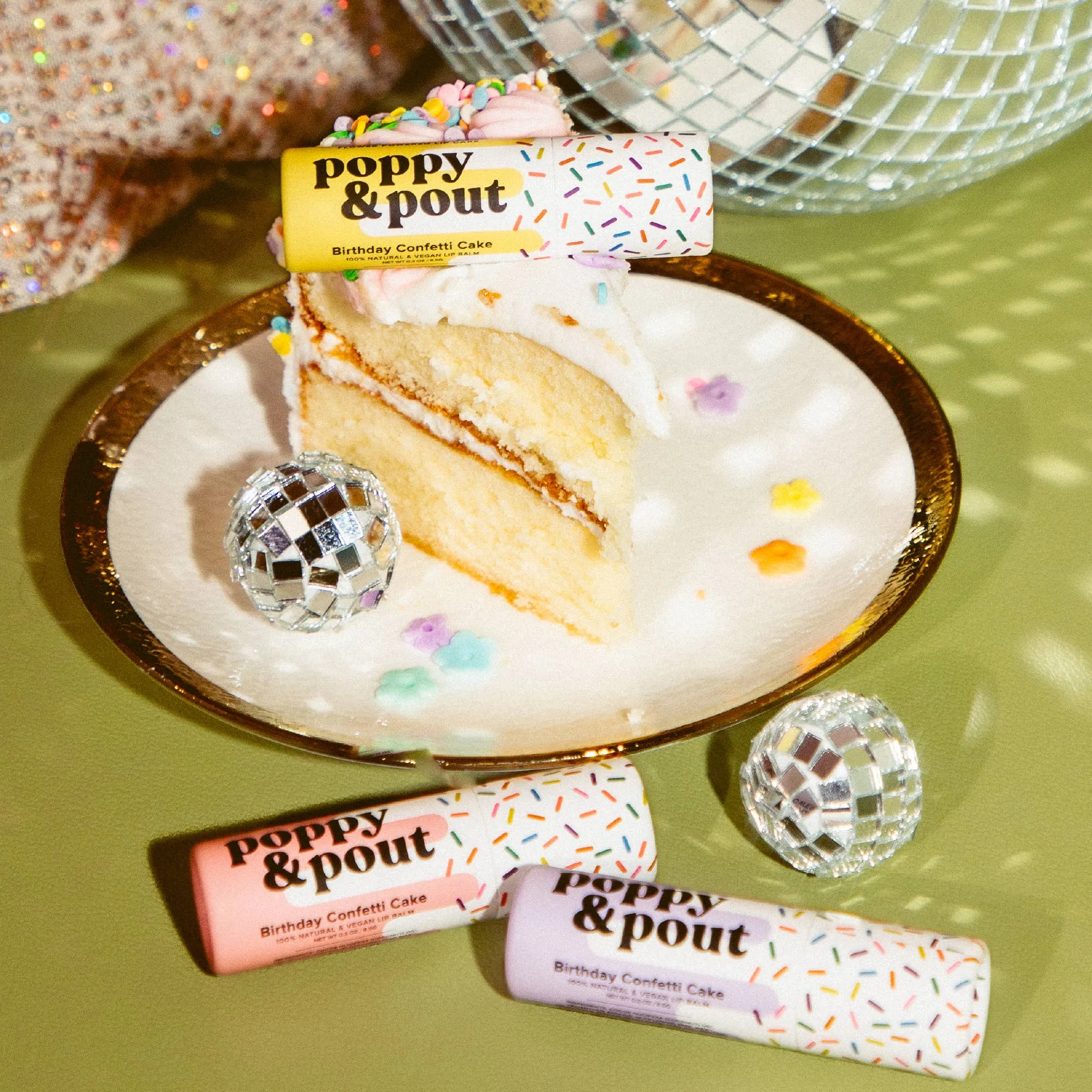 Poppy and Pout Lip Balm, Birthday Confetti Cake, Yellow