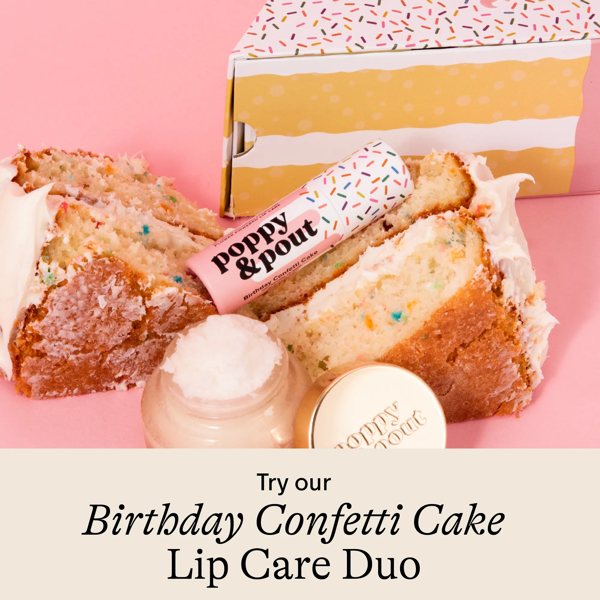 Poppy and Pout Lip Balm, Birthday Confetti Cake, Yellow