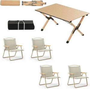 Portable Camping Chairs and Table for Camping, Travel, Beach and Picnic (1 Table and 4 Chairs) Ultralight Aluminum Folding Table and Hiking Chairs - Compact Stable, Large