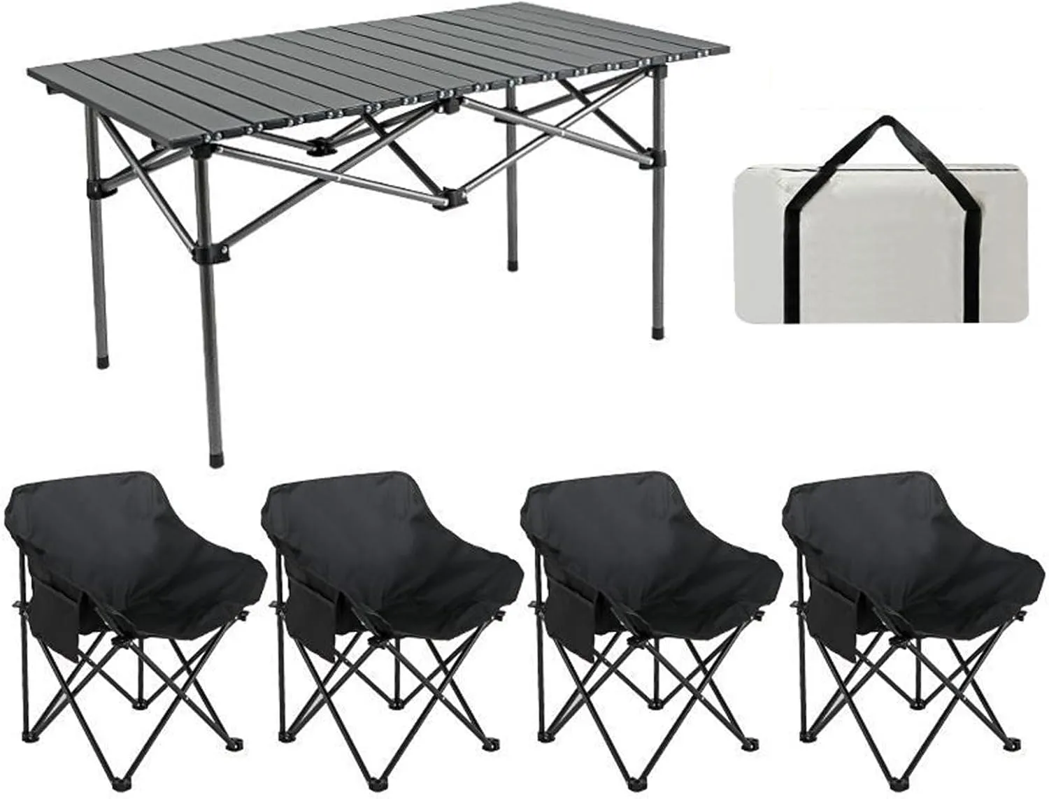 Portable Folding Camping Table & Chairs Set Lightweight Carbon Steel Roll up Top Picnic Table for BBQ Garden Hiking Fishing Portable Outdoor Furniture Set for Travel and Adventure