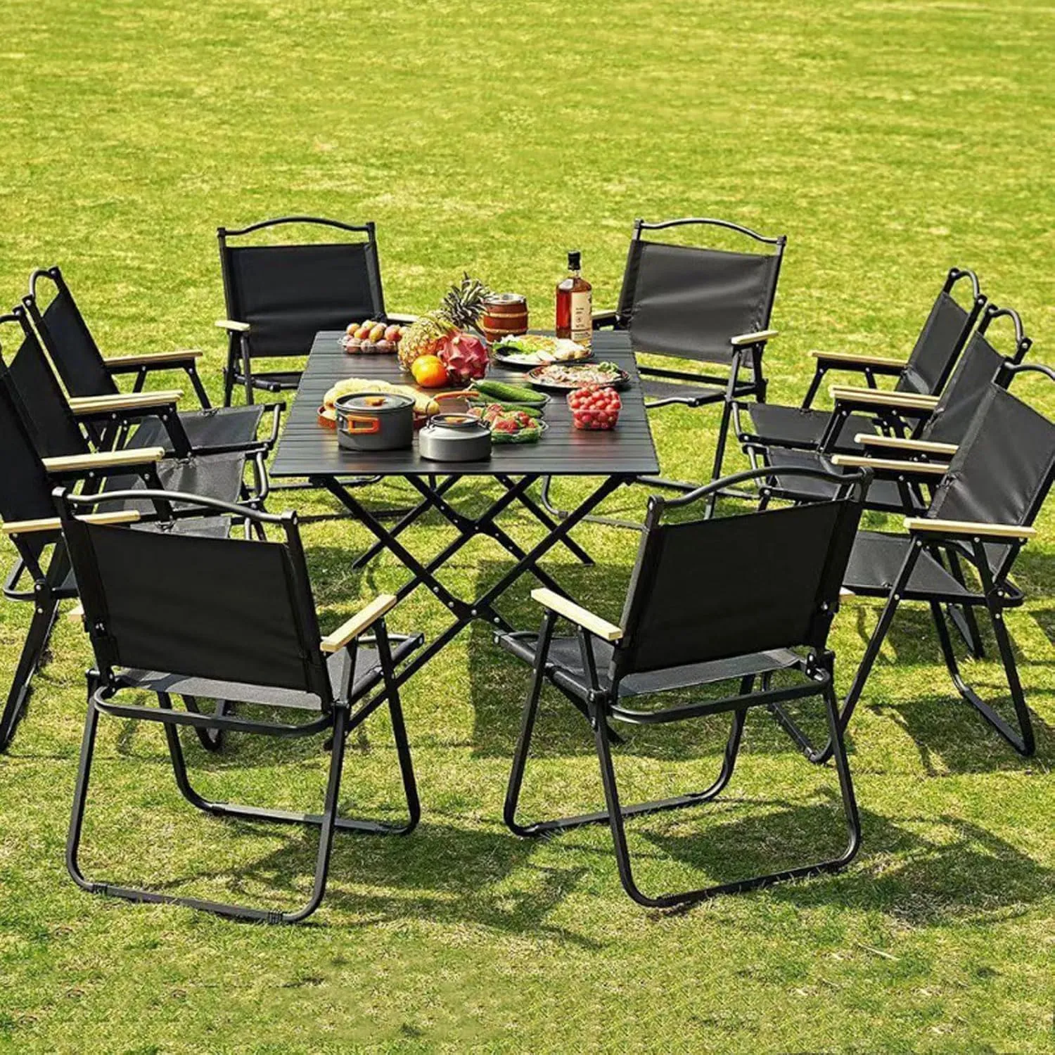 Portable Picnic Table Chairs Set, Folding Roll up Carbon Steel Camp Side Table Collapsible Camping Chairs Lightweight Foldable Compact Table for Patio Beach, 7PCS-Walnut, 53cm-black-5pcs
