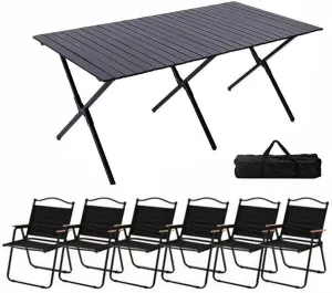 Portable Picnic Table Chairs Set, Folding Roll up Carbon Steel Camp Side Table Collapsible Camping Chairs Lightweight Foldable Compact Table for Patio Beach, 7PCS-Walnut, 53cm-black-5pcs