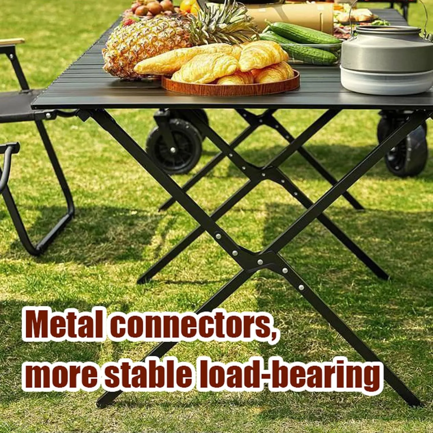 Portable Picnic Table Chairs Set, Folding Roll up Carbon Steel Camp Side Table Collapsible Camping Chairs Lightweight Foldable Compact Table for Patio Beach, 7PCS-Walnut, 53cm-black-5pcs