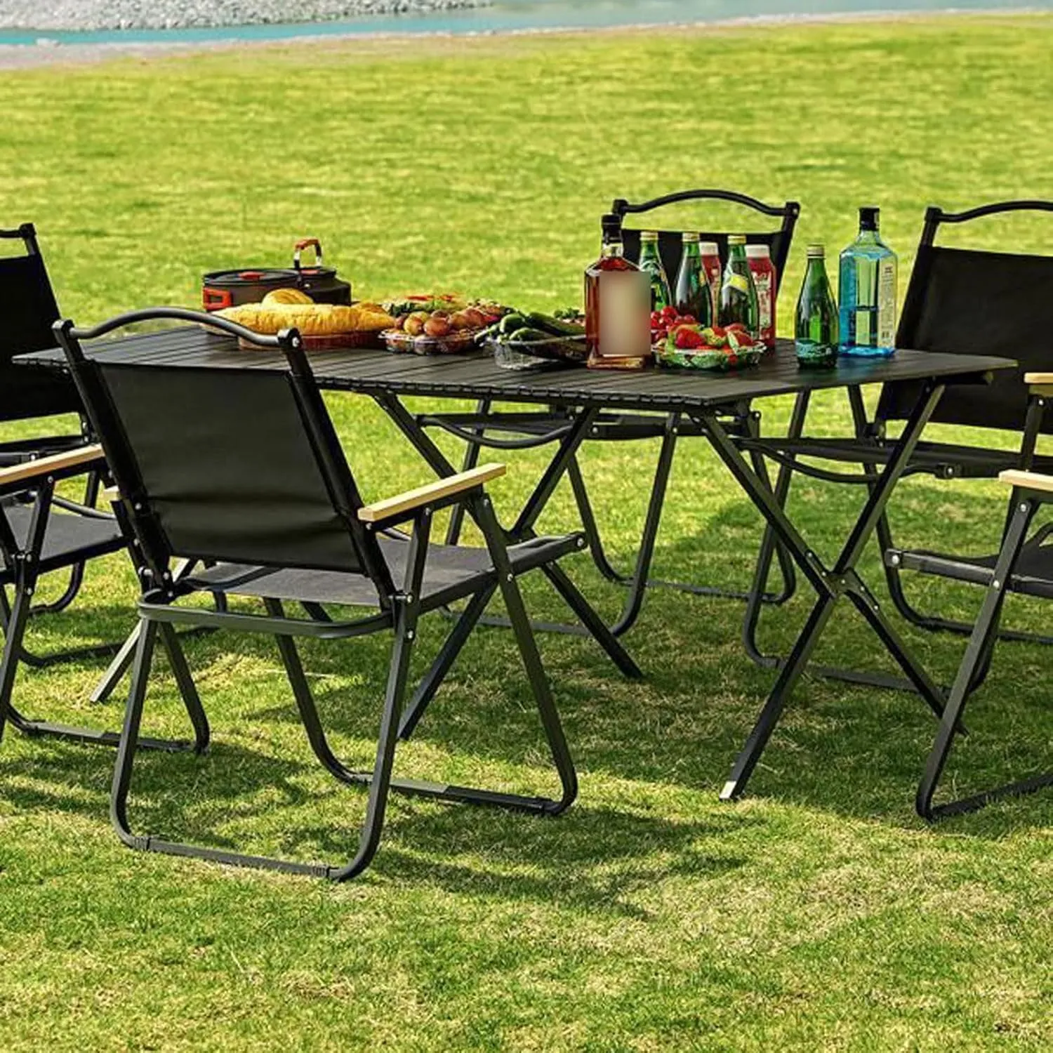 Portable Picnic Table Chairs Set, Folding Roll up Carbon Steel Camp Side Table Collapsible Camping Chairs Lightweight Foldable Compact Table for Patio Beach, 7PCS-Walnut, 53cm-black-5pcs