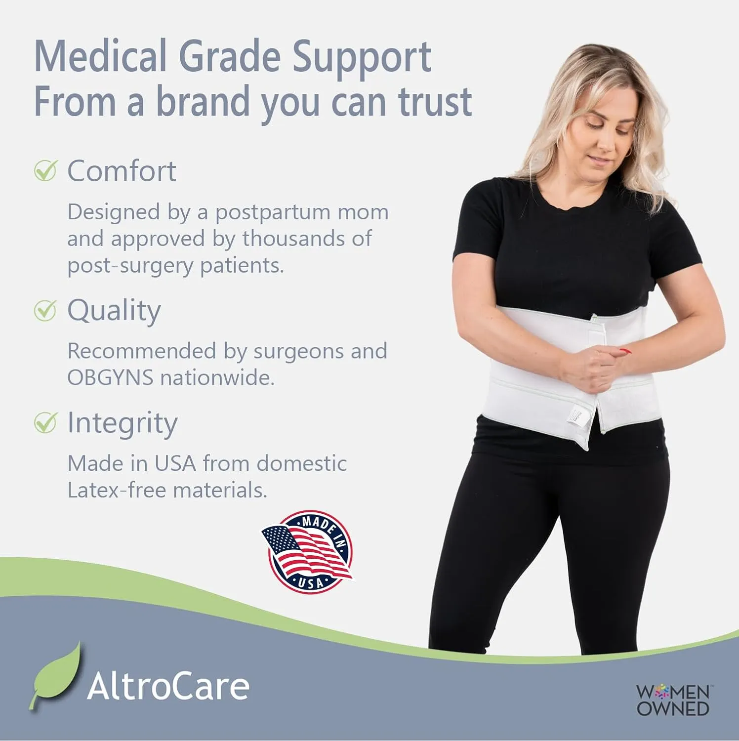 Postpartum & Post Surgery Abdominal Binder. 3-Panel belly band for recovery after childbirth, hysterectomy, tummy tuck, hernia, diastasis recti. Size S/M (30" to 45"). Made in USA.