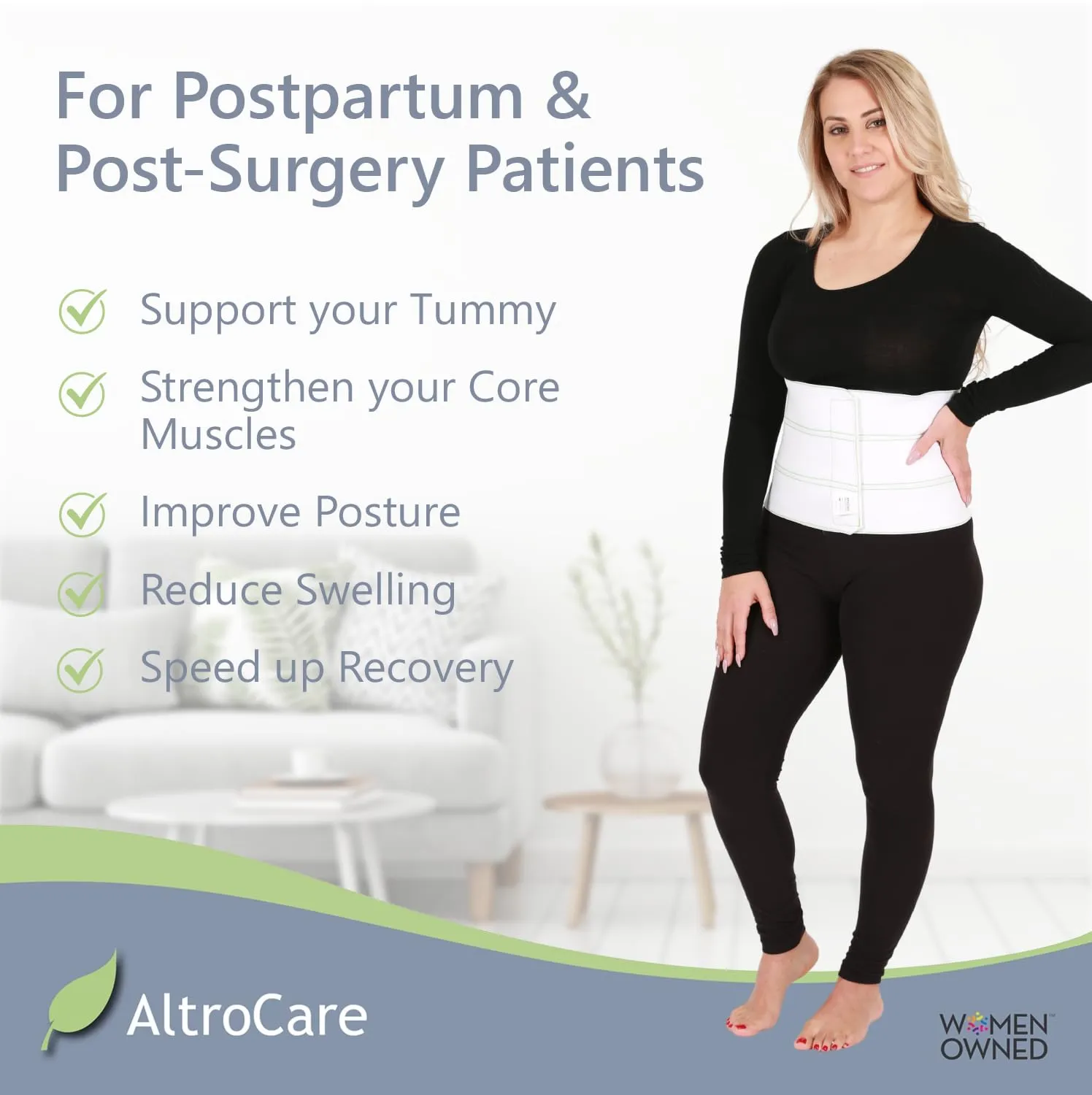 Postpartum & Post Surgery Abdominal Binder. 3-Panel belly band for recovery after childbirth, hysterectomy, tummy tuck, hernia, diastasis recti. Size S/M (30" to 45"). Made in USA.