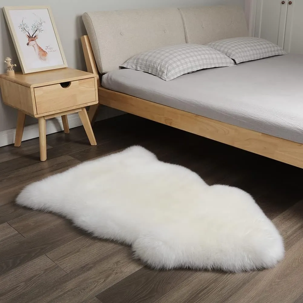 Premium Genuine Sheepskin Rug, Genuine Sheepskin Natural Fluffy Fuzzy Lambskin Fur Area Rug for Kids Bedroom Sofa Chair Seat Cover Pets Dogs Mat Single Pelt/2'x 3' White/Ivory