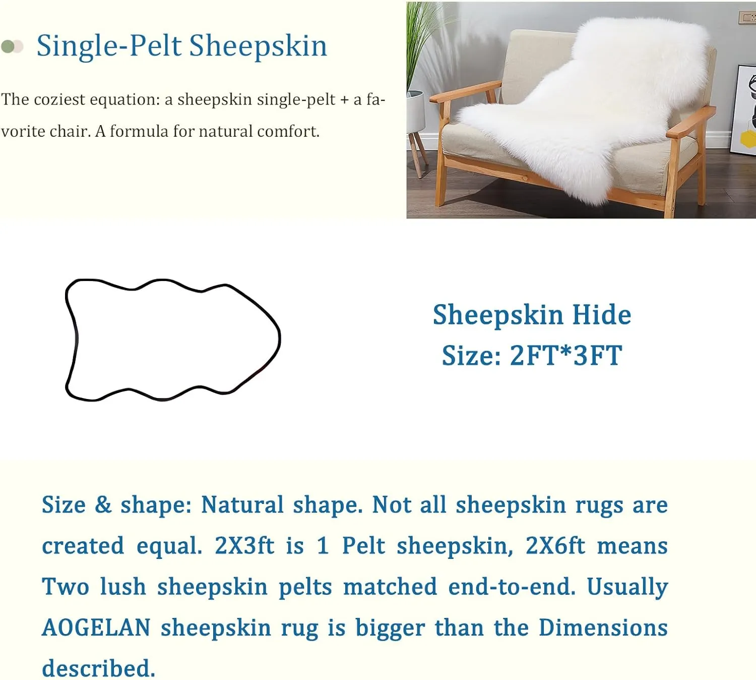 Premium Genuine Sheepskin Rug, Genuine Sheepskin Natural Fluffy Fuzzy Lambskin Fur Area Rug for Kids Bedroom Sofa Chair Seat Cover Pets Dogs Mat Single Pelt/2'x 3' White/Ivory