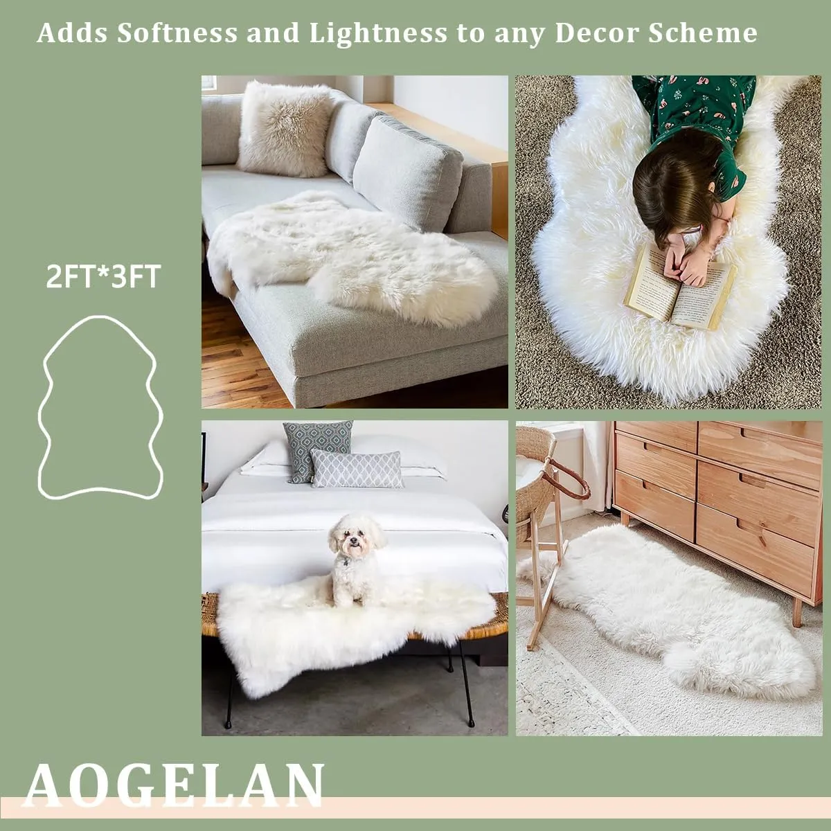 Premium Genuine Sheepskin Rug, Genuine Sheepskin Natural Fluffy Fuzzy Lambskin Fur Area Rug for Kids Bedroom Sofa Chair Seat Cover Pets Dogs Mat Single Pelt/2'x 3' White/Ivory